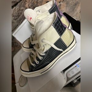 Converse High Top Sneakers in Black, Cream & Purple Checkered Pattern